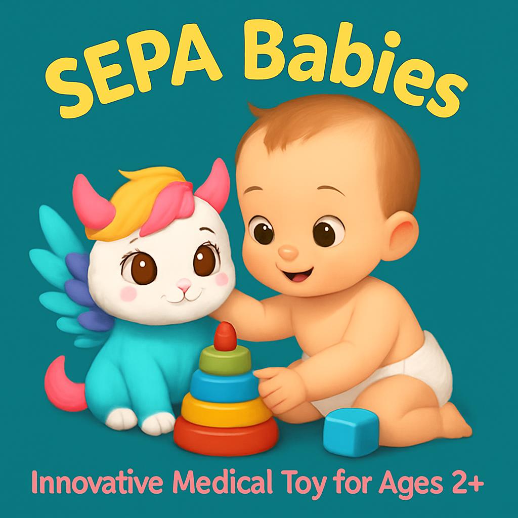 Baby playing with Kitarama, the SEPA Babies plush companion with embedded health sensors