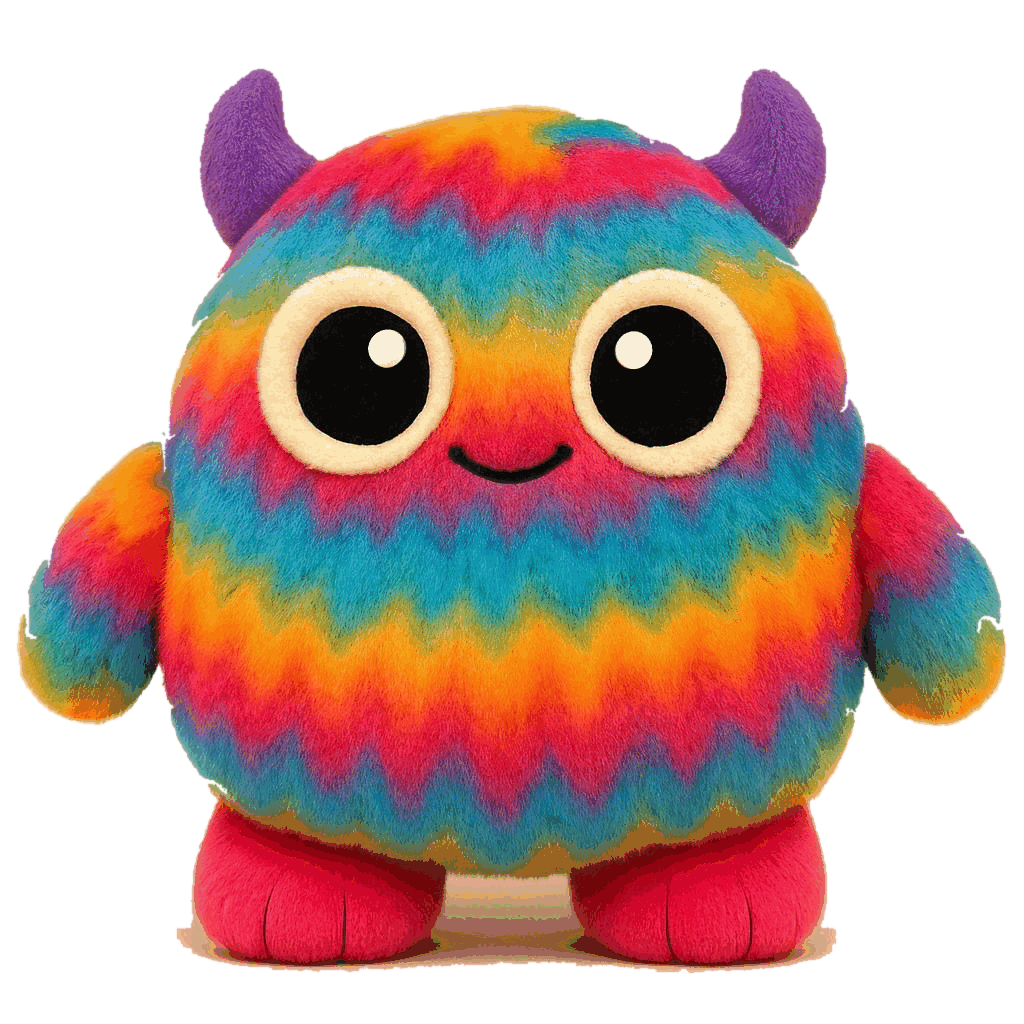 PingoPongo, the SEPA Babies smart plush companion &mdash; a round, rainbow-striped plush character with purple horns, large friendly eyes, and a soft smile